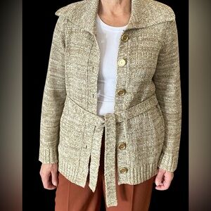 Evan-Picone cream & gold metallic knit cardigan with belt, size M, EUC like new